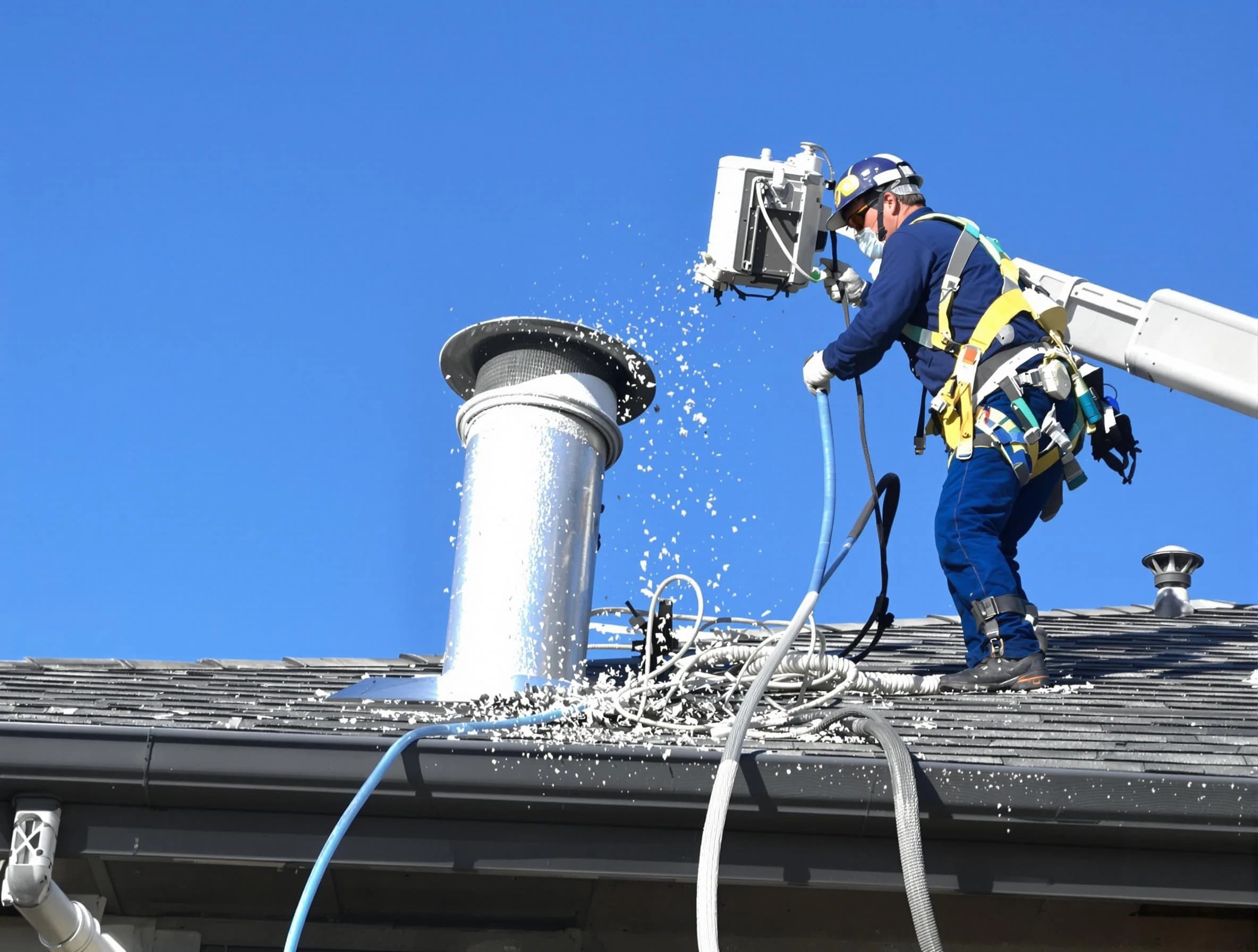 Erie Dryer Vent Cleaning certified technician safely cleaning a roof-mounted dryer vent in Erie