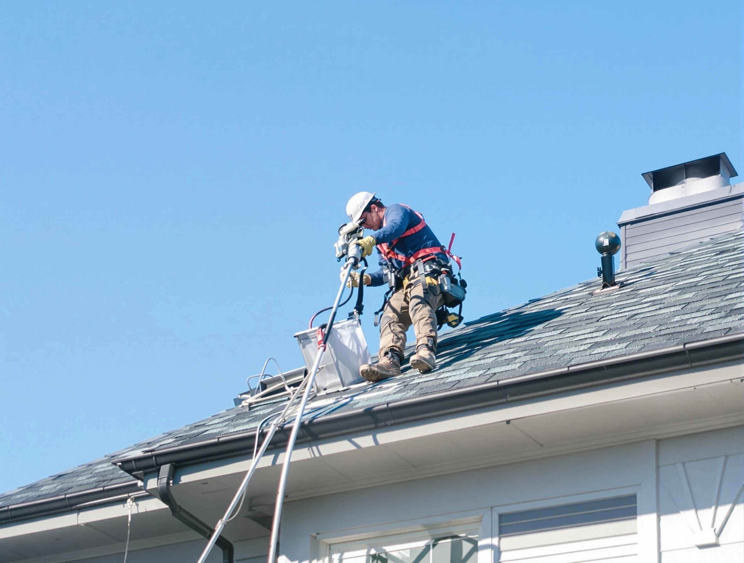 Erie Dryer Vent Cleaning certified technician cleaning a roof-mounted dryer vent system in Erie