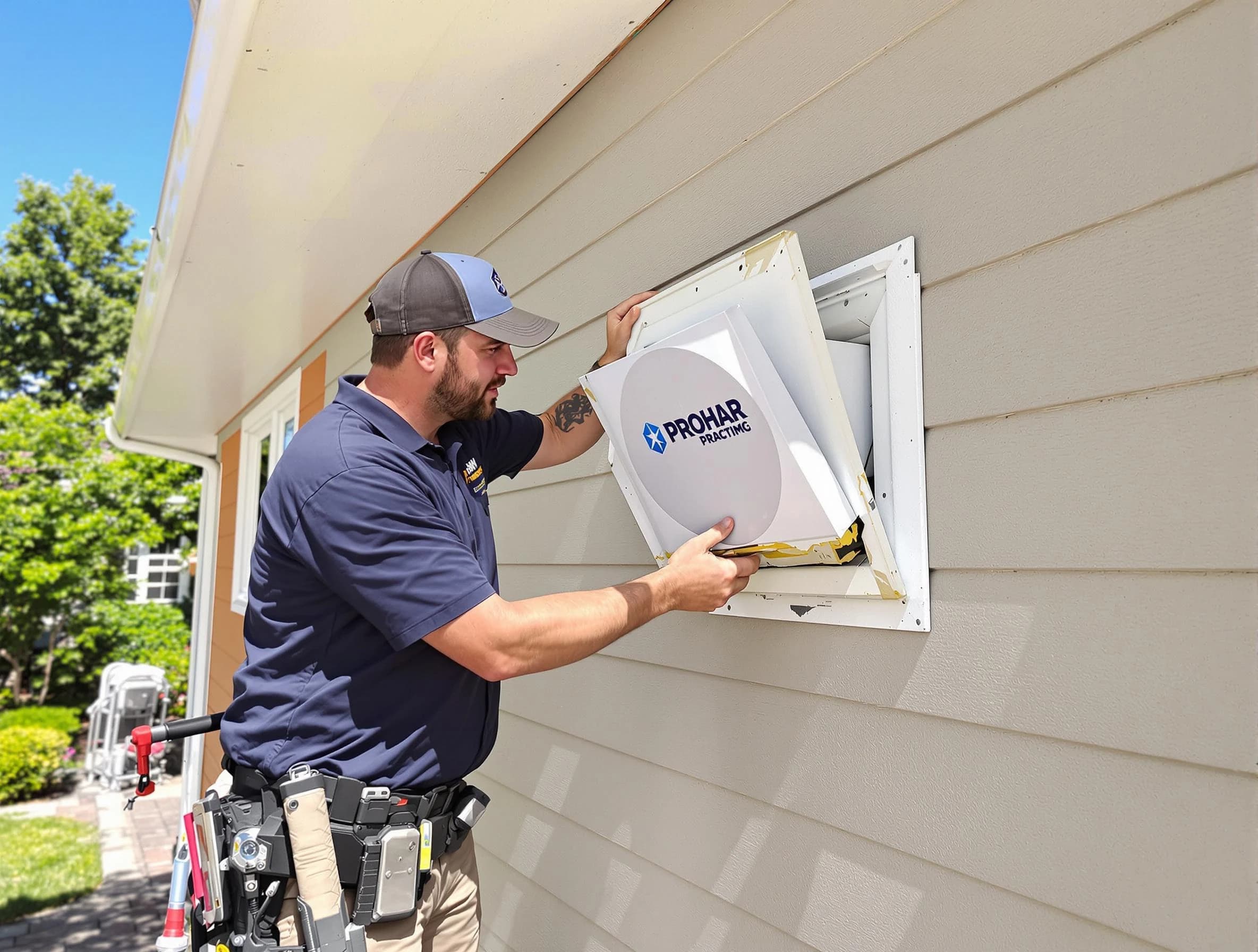 Erie Dryer Vent Cleaning technician installing a new protective dryer vent cover on a home in Erie