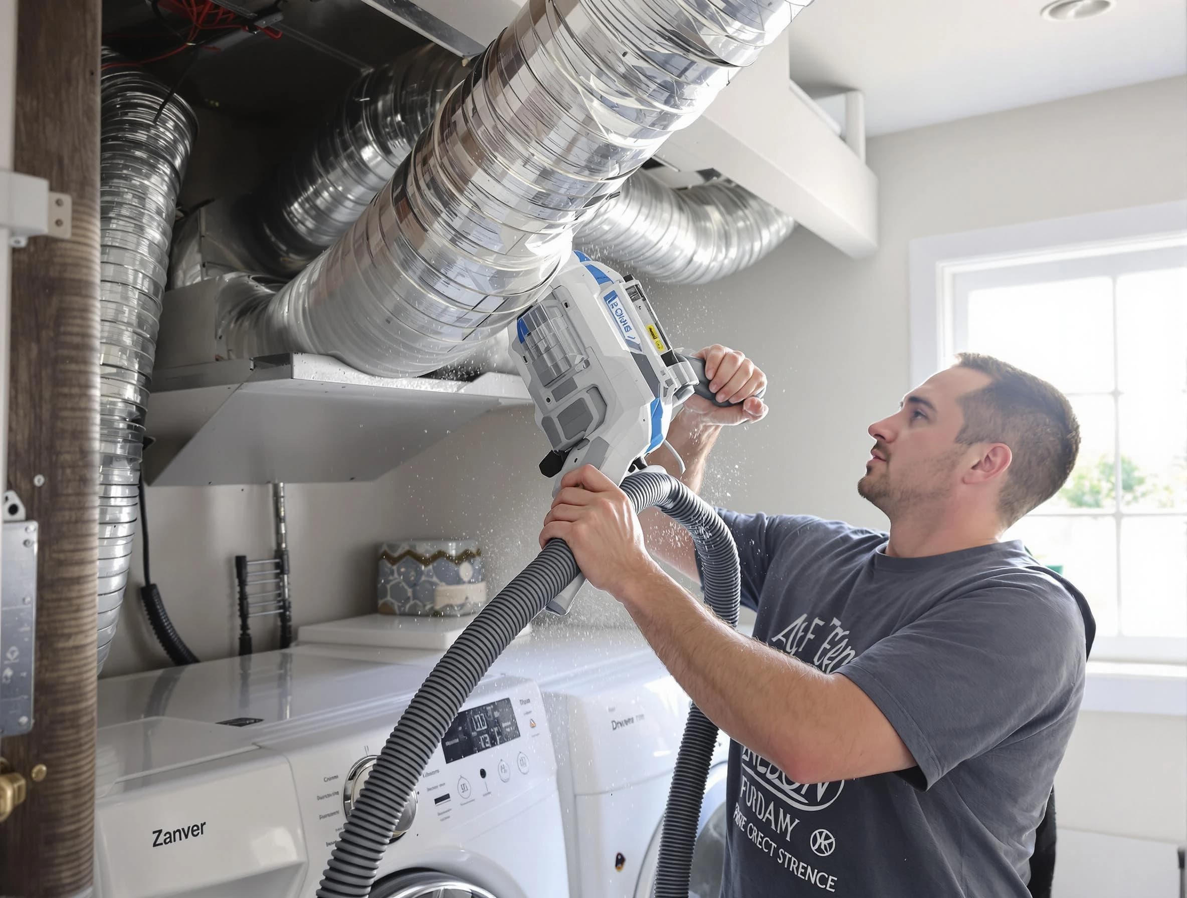 Erie Dryer Vent Cleaning specialist cleaning deep within a dryer vent duct system in Erie