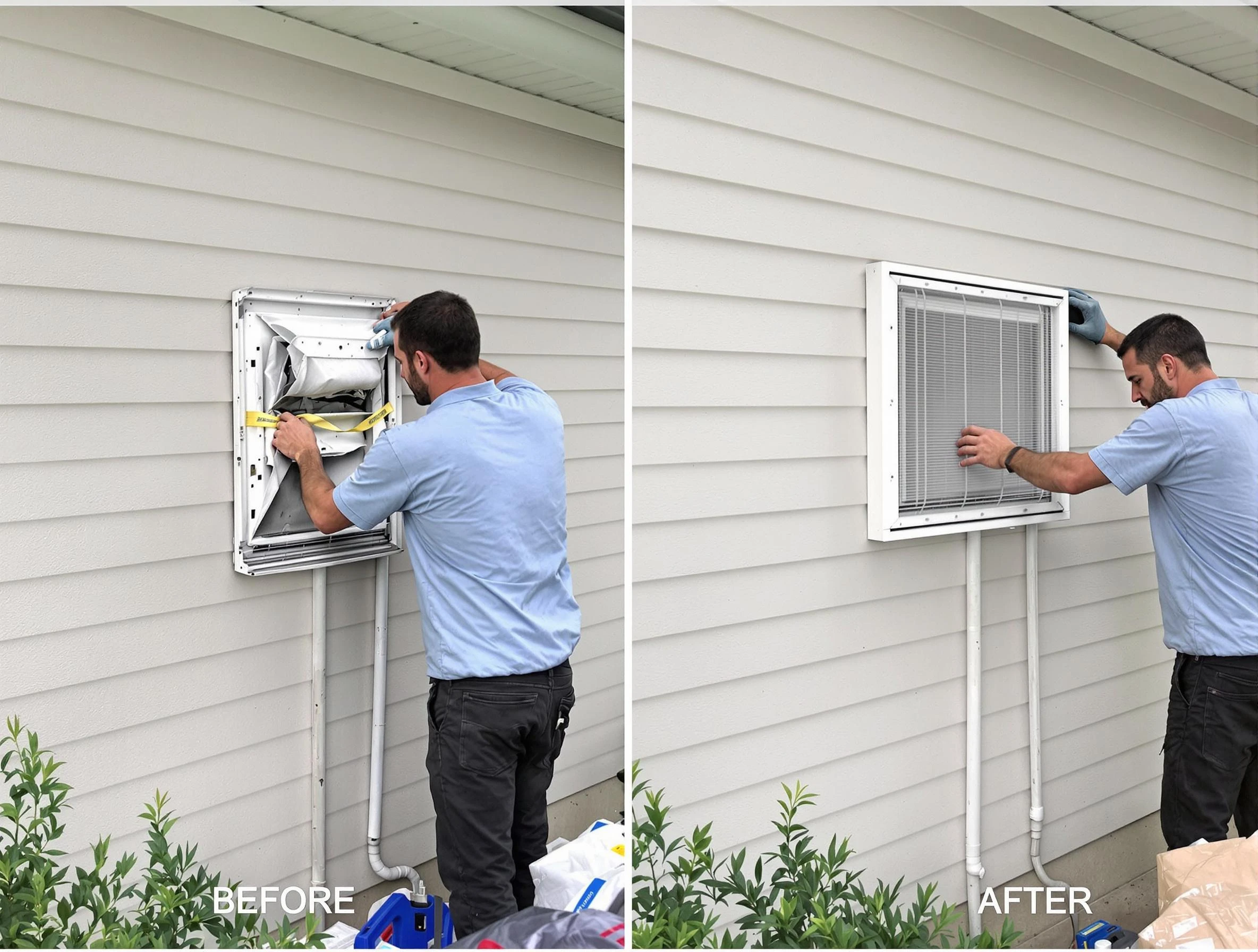 Erie Dryer Vent Cleaning technician installing high-quality dryer vent cover at a residential property in Erie